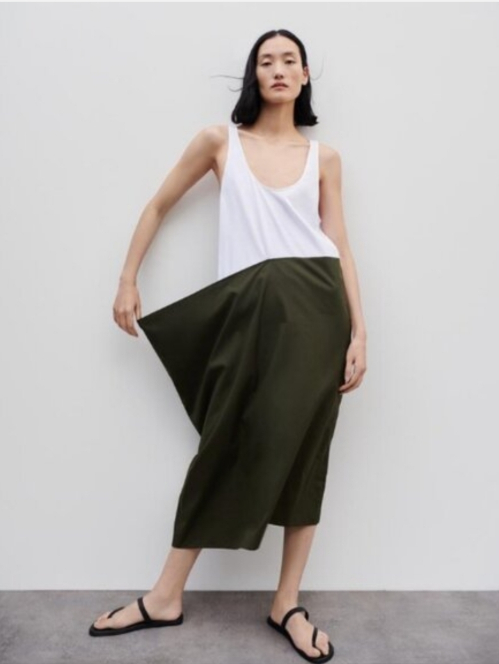 Zara Bloggers Fave Olive Green Combo Poplin Midi Dress Lagenlook Resortwear SM